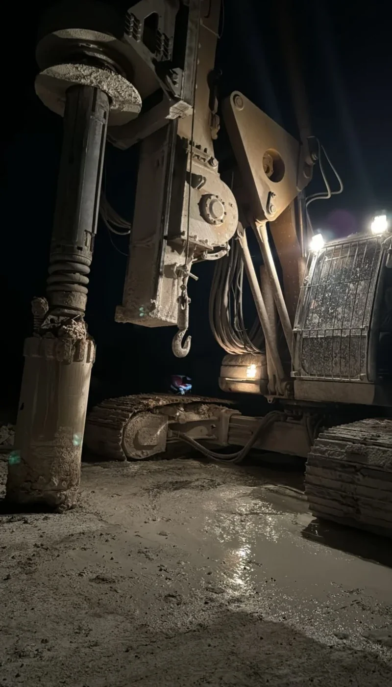 Tren Maya · inclusiones rígidas · detalle de la perforadora durante trabajos nocturnos